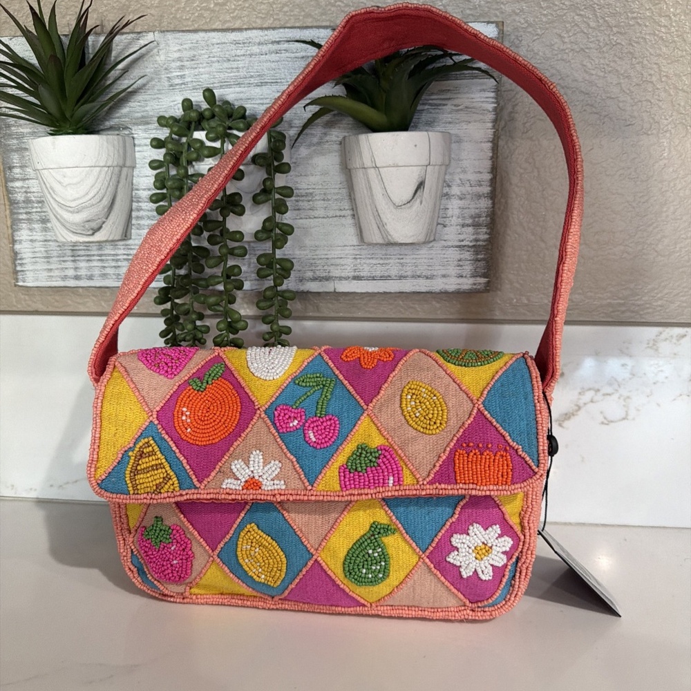 America & Beyond Beaded Fruit & Flower Summer Tropical Embellished Shoulder Bag - Picture 1 of 8